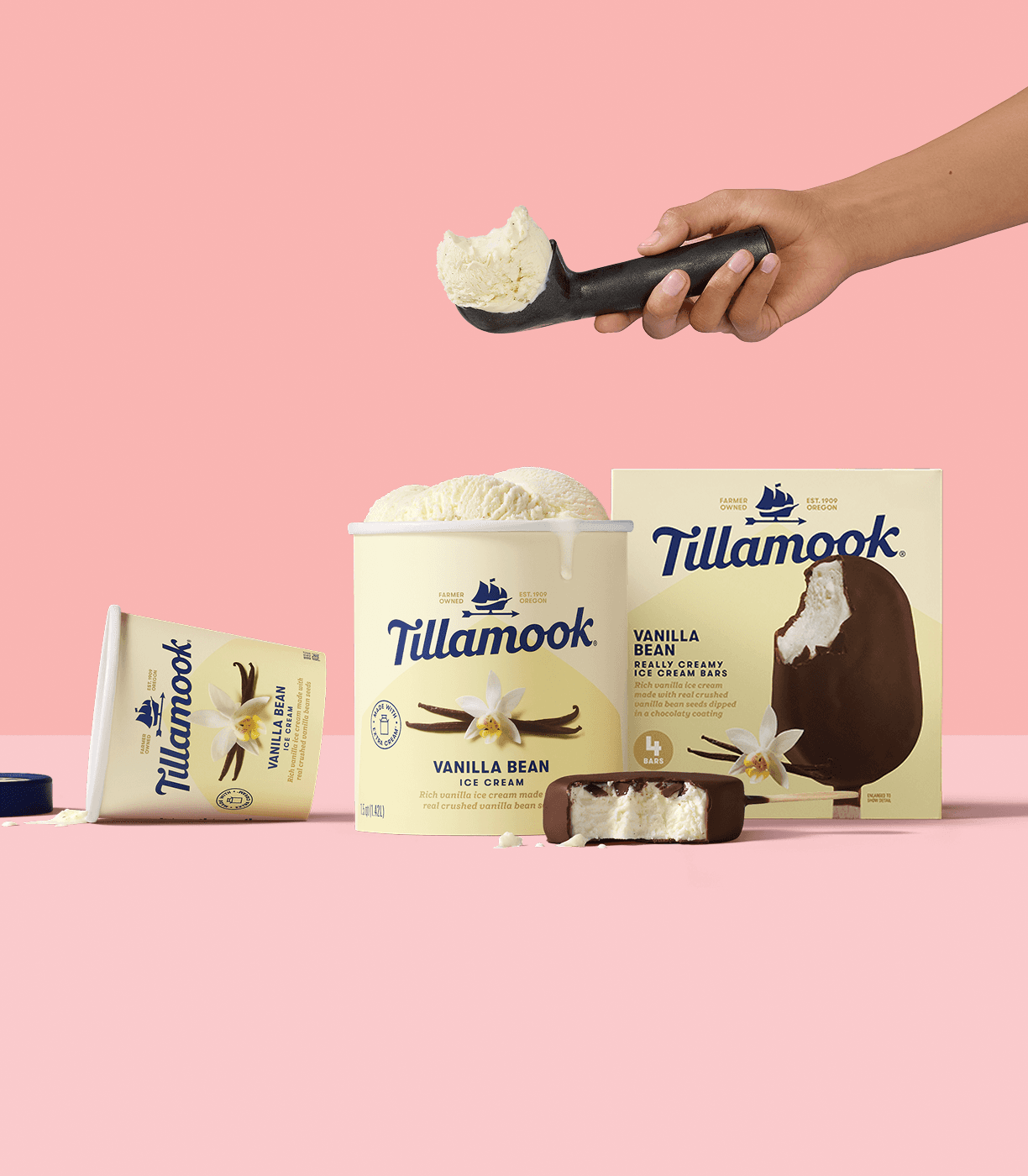Tillamook Ice Cream scooped out of container along side pints and tillamook ice cream bars packages