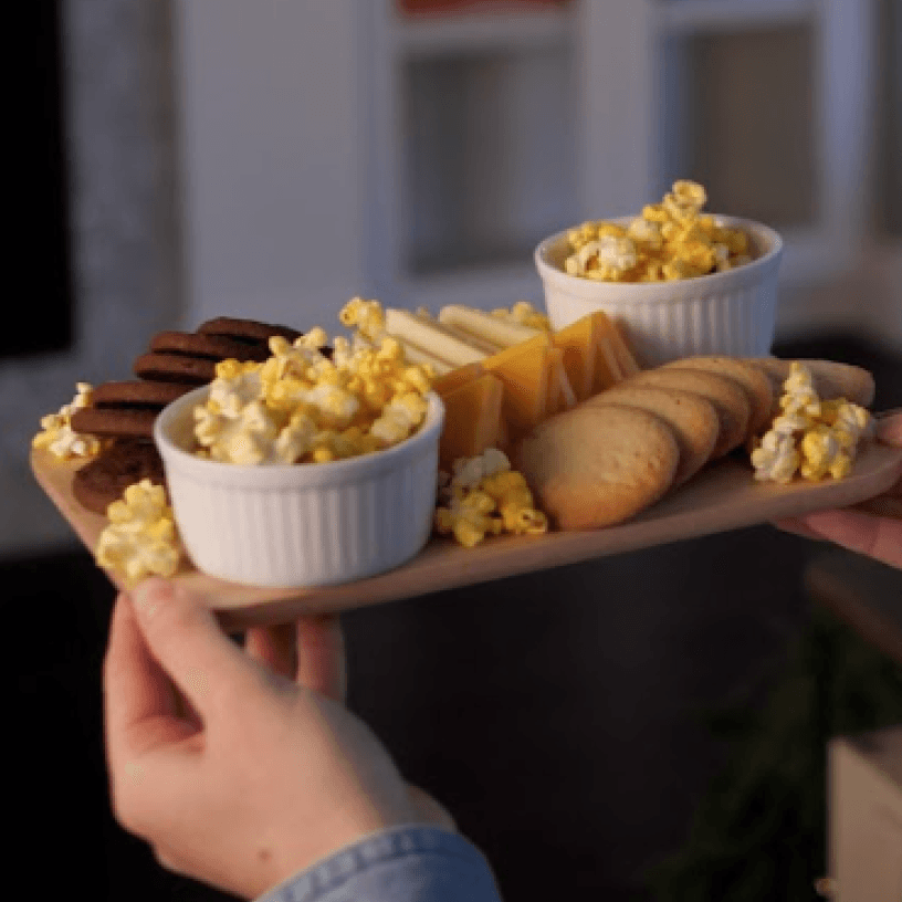 Tillamook cheese and popcorn snack plate